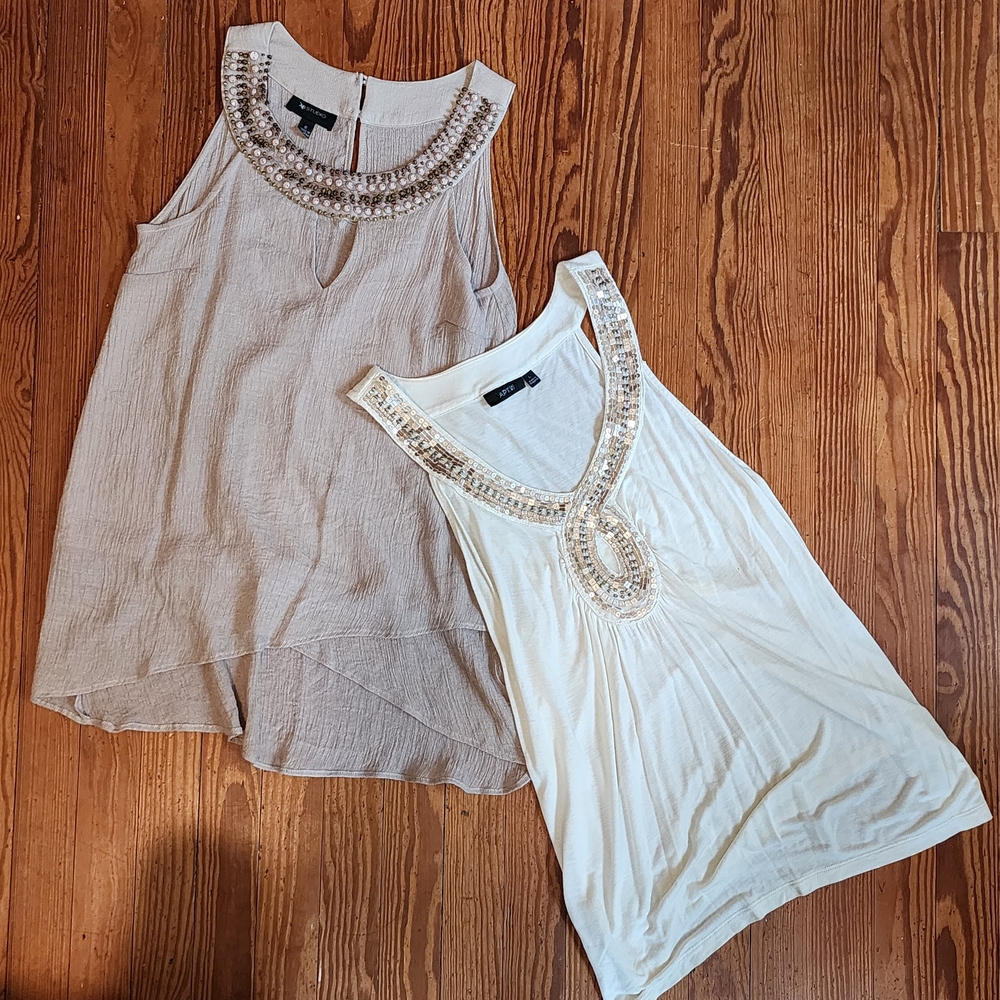 Beaded Women's Sleeveless Tops - Beige and White